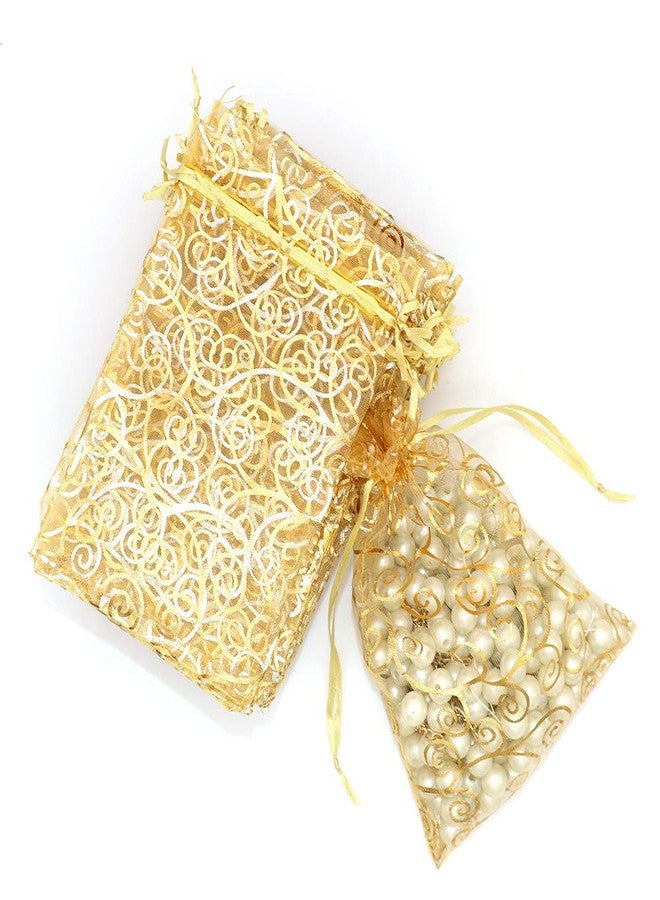 Staruby Organza Gift Bags 100Pcs Gold Sheer Organza Bag 4x6 Inch Mesh Favor Bags Drawstring Jewelry Rattan Printed Gift Pouches for Wedding Party Favors Couple Shower Christmas Gifts Candy Bags - Image 4